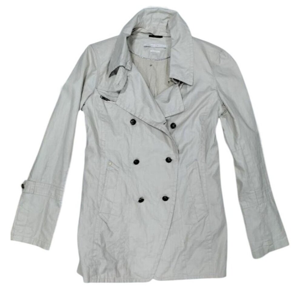 IKKS Women's Beige Laminated Linen Double-Breasted Trench Coat Size Medium - Picture 2 of 16